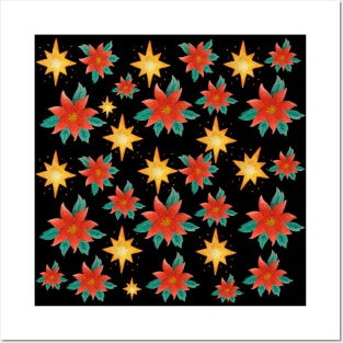 Christmas Red Flower Poinsetta and Yellow Stars Pattern Posters and Art